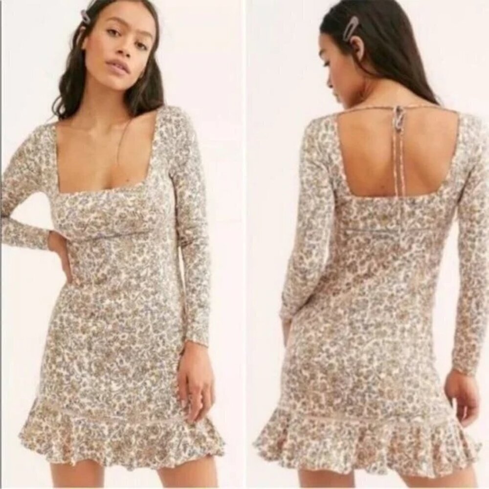 Free People Boheme Floral Print Open Back Long Sleeve Mini Dress 4